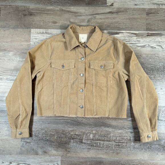 TGLA Corduroy Jacket Tan Beige Cropped Snap Front Raw Hem Fall Layering L - Picture 1 of 5